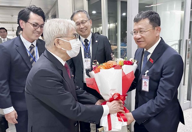 El jefe de la Comisión de Relaciones Exterior de la Asamblea Nacional de Vietnam, Vu Hai Ha, recibe al presidente de la Cámara de Consejeros de Japón, Otsuji Hidehisa, en el aeropuerto internacional de Noi Bai. (Fotografía: quochoi.vn)