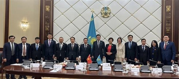 Delegados de ambas partes en las conversaciones entre vicepresidente de la Asamblea Nacional de Vietnam, Nguyen Khac Dinh, y el presidente de la Cámara de Representantes de Kazajistán, Erlan Zhakanovich Koshanov. (Fotografía: VNA)