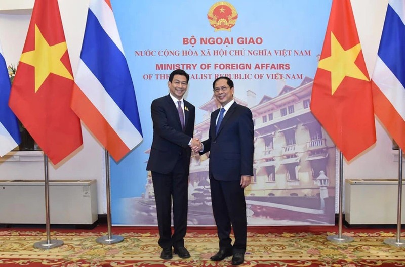 El ministro de Relaciones Exteriores de Vietnam, Bui Thanh Son, sostiene conversaciones con el viceprimer ministro y canciller tailandés, Parnpree Bahiddha-Nukara. 