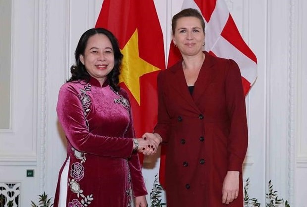 La vicepresidenta vietnamita Vo Thi Anh Xuan (izquieda) se reúne con la primera ministra danesa, Mette Frederiksen. (Fotografía: VNA)