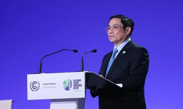 El primer ministro de Vietnam, Pham Minh Chinh, habla en la XXVI Conferencia de las Partes de la Convención Marco de las Naciones Unidas sobre el Cambio Climático (COP26). (Foto: VNA)