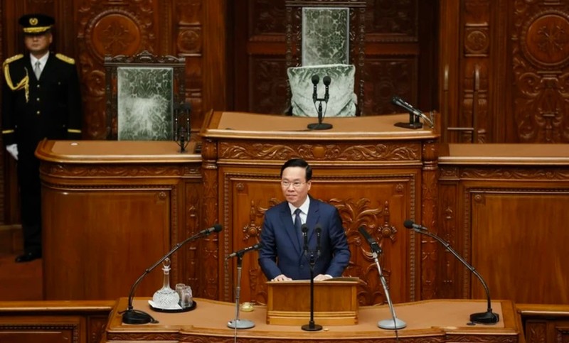 El presidente vietnamita, Vo Van Thuong, pronuncia un discurso político en la Dieta Nacional de Japón el 29 de noviembre. (Foto: VNA)