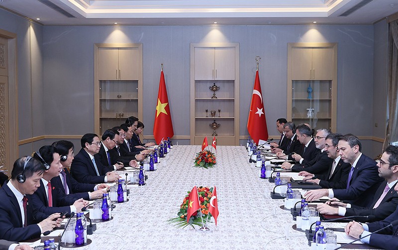 En la conversación entre el primer ministro de Vietnam, Pham Minh Chinh, y el vicepresidente de Turquía, Cevdet Yilmaz (Foto: VNA)