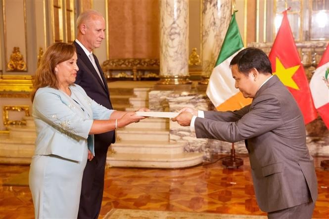 El embajador vietnamita en Brasil, concurrente en Perú, Bolivia, Guyana y Surinam, Bui Van Nghi, presenta la carta credencial al presidente de Perú, Dina Boluarte. (Foto: VNA)