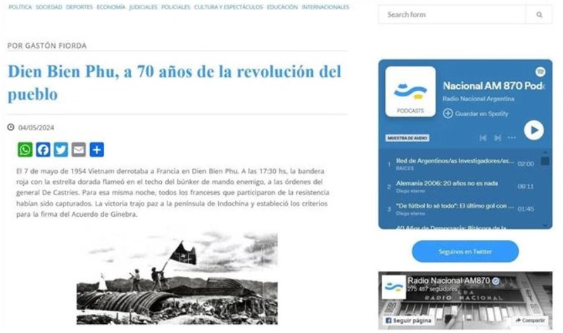 Radio Nacional Argentina publica el artículo para recuerdar de la victoria de Dien Bien Phu. (Foto: VNA)