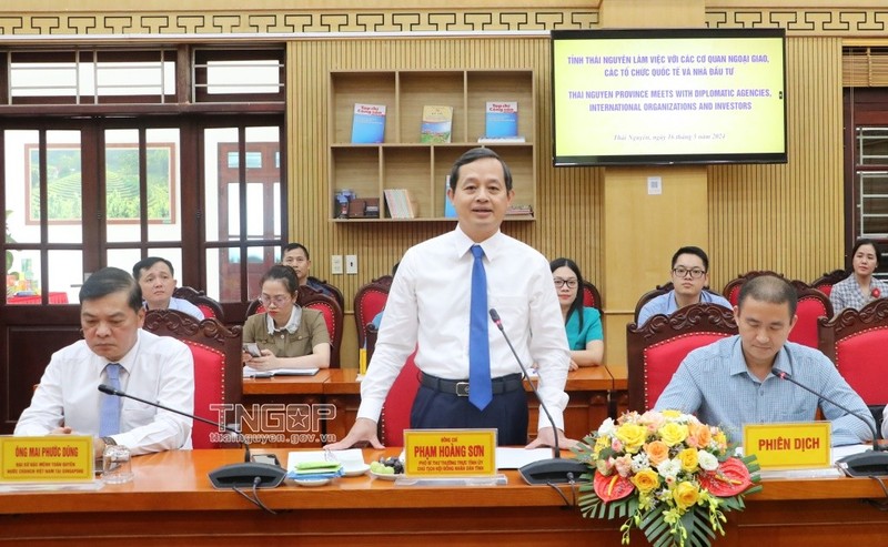 Pham Hoang Son, vicesecretario permanente del Comité del Partido y presidente del Consejo Popular de Thai Nguyen, interviene en la reunión (Foto: thainguyen.gov.vn)