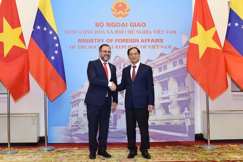 El ministro de Relaciones Exteriores de Vietnam, Bui Thanh Son, y su homólogo de Venezuela, Yván Gil Pinto. (Foto: baoquocte.vn)