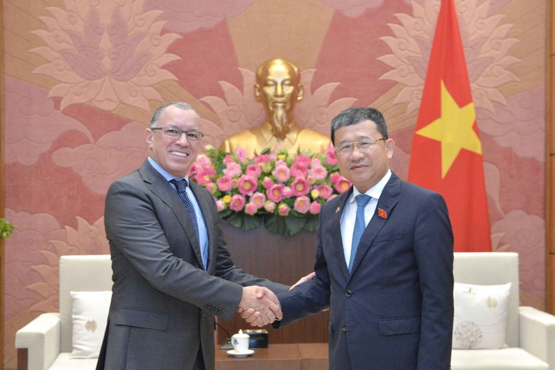 El presidente del Comité de Asuntos Exteriores de la Asamblea Nacional de Vietnam, Vu Hai Ha, recibe a Miguel Ángel Rodríguez, embajador de Bogotá en Hanói. (Foto: daibieunhandan.vn)