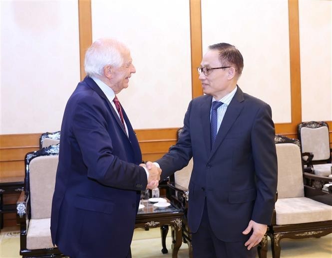 Le Hoai Trung, secretario del Comité Central del Partido Comunista de Vietnam y jefe de su Comisión de Relaciones Exteriores y el vicepresidente de la Comisión Europea, Josep Borrell Fontelles. (Foto: VNA)