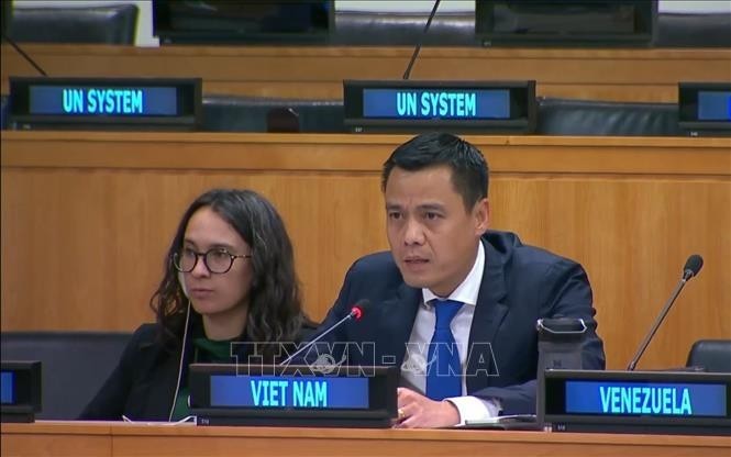 Dang Hoang Giang, epresentante permanente de Vietnam ante la ONU, pronuncia un discurso en la reunión. (Foto: VNA)