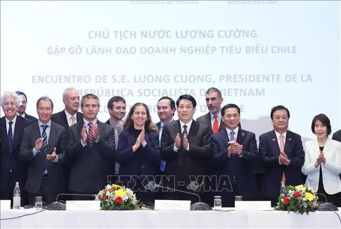 El presidente de Vietnam, Luong Cuong, y representantes de empresas chilenas. (Foto: VNA)