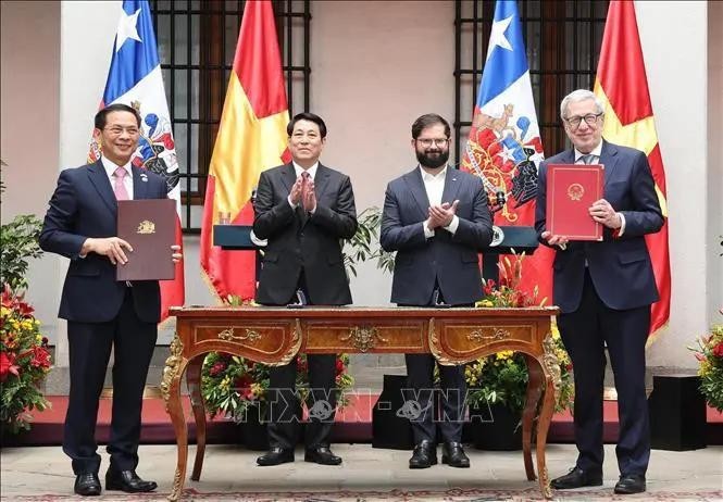 El presidente de Vietnam, Luong Cuong, y su homólogo chileno, Gabriel Boric, testimonian la firma de la declaración conjunta entre los dos ministerios de Relaciones Exteriores. (Foto: VNA)