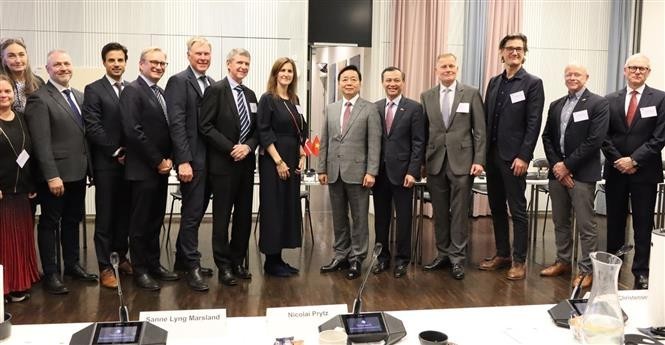 El viceprimer ministro vietnamita Tran Hong Ha (el sexto desde derecha) con los titulares de la Confederación de la Industria Danesa (Foto: VNA)