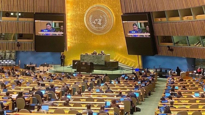 Representante de Vietnam ante las Naciones Unidas habla en un evento de su Asamblea General. (Foto: VNA)