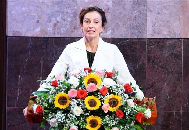 La directora general de la Unesco, Audrey Azoulay, interviene en la ceremonia. (Fotografía: VNA)