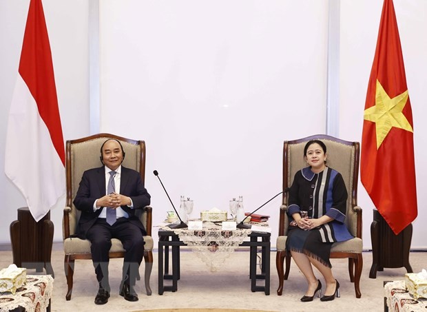 El presidente de Vietnam, Nguyen Xuan Phuc, y la presidenta del Consejo Representativo del Pueblo de Indonesia, Puan Maharani. (Fotografía: VNA)