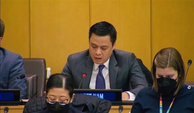 El embajador Dang Hoang Giang, representante permanente de Vietnam ante las Naciones Unidas (ONU) en la sesión. (Fotografía: VNA)