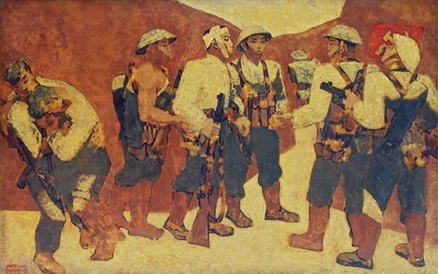 La pintura de laca “Ceremonia de admisión al Partido en el campo de batalla de Dien Bien Phu”. (Fotografía: Departamento de Bellas Artes, Fotografía y Exposiciones)