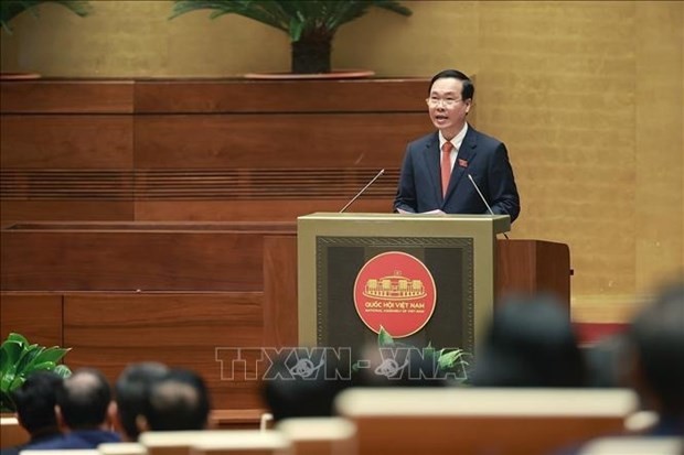 El nuevo presidente del Estado, Vo Van Thuong, pronuncia su discurso de toma de posesión. (Foto: VNA)