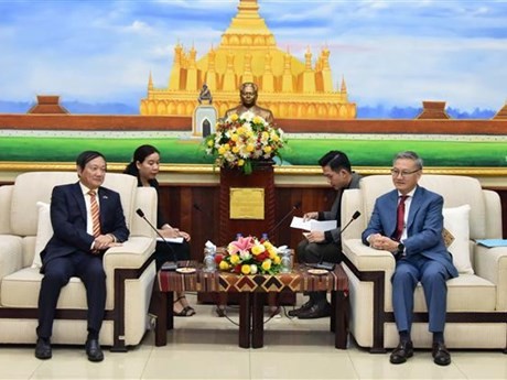 El embajador de Vietnam en Laos, Nguyen Ba Hung (izquierda) y Thongsavanh Phomvihane, jefe de la Comisión de Relaciones Exteriores del Comité Central del PPRL. (Foto: VNA)