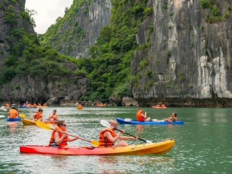 Turistas en kayak en la Bahía de Ha Long. (Foto: baoquangninh.vn)