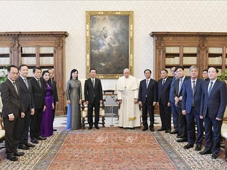 El presidente Vo Van Thuong en la reunión con el Papa Francisco en la Ciudad del Vaticano. (Foto: VNA)