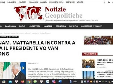 El periódico Notizie Geopolitiche informa sobre la visita del presidente vietnamita, Vo Van Thuong, a Italia. (Foto: VNA)