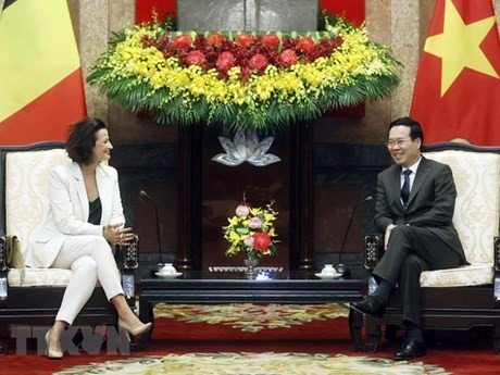 El president de Vietnam, Vo Van Thuong, recibe a la presidenta del Senado belga, Stephanie D'Hose. (Foto: VNA)