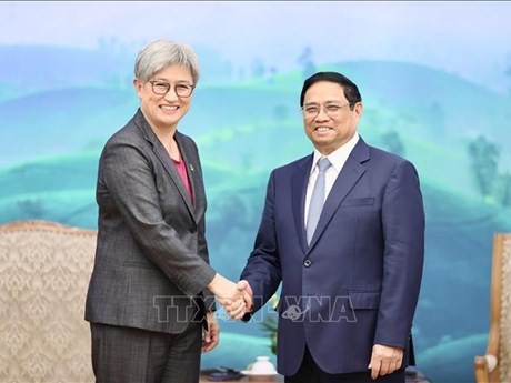 El primer ministro de Vietnam, Pham Minh Chinh (derecha) recibe a la ministra australiana de Relaciones Exteriores, Penny Wong. (Foto: VNA)