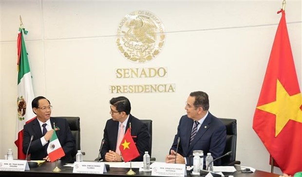 El vicepresidente de la Asamblea Nacional, Tran Quang Phuong, (I) se reúne con el primer vicepresidente del Senado de México, Sergio Pérez Flores. (Foto: VNA)