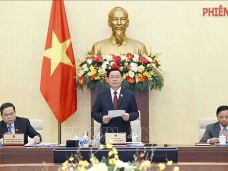 El presidente de la Asamblea Nacional de Vietnam, Vuong Dinh Hue, habla en una sesión de trabajo del Parlamento. (Foto: VNA)