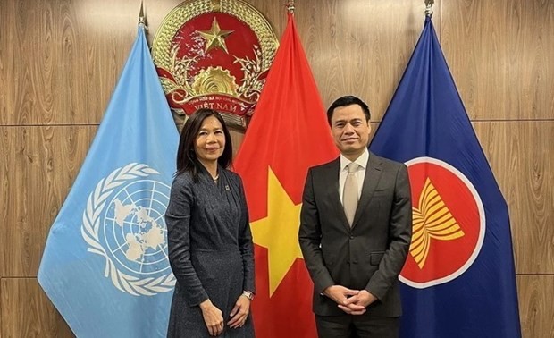 El embajador Dang Hoang Giang, jefe de la delegación permanente de Vietnam en la ONU y Pauline Tamesis, coordinadora residente de la ONU en Vietnam. (Foto: VNA)