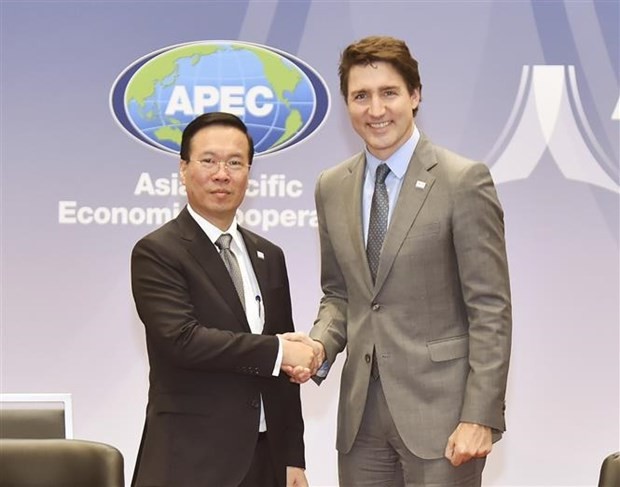 El presidente vietnamita, Vo Van Thuong, se reunió con el primer ministro canadiense, Justin Trudeau. (Fotografía: VNA)