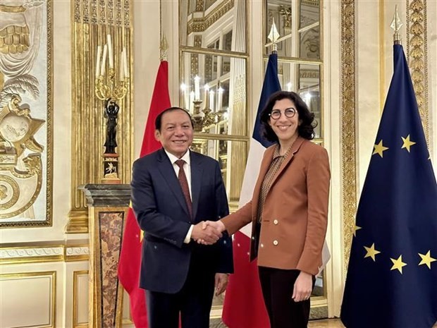 El ministro vietnamita de Cultura, Deportes y Turismo, Nguyen Van Hung, se reúne con la ministra de Cultura francesa, Rima Abdul Malak. (Foto: VNA)