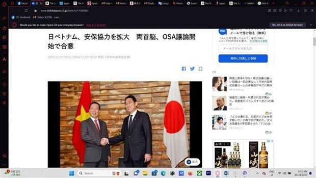 El periódico japonés destaca las conversaciones entre el primer ministro de Japón, Fumio Kishida, y el presidente de Vietnam, Vo Van Thuong. (Fotografía: VNA)
