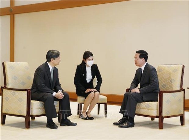 El presidente de Vietnam, Vo Van Thuong (derecha), conversa con el emperador japonés Naruhito. (Foto: VNA)
