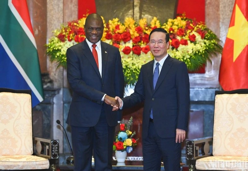 El presidente vietnamita, Vo Van Thuong, y el vicemandatario de Sudáfrica, Paul Mashatile. 