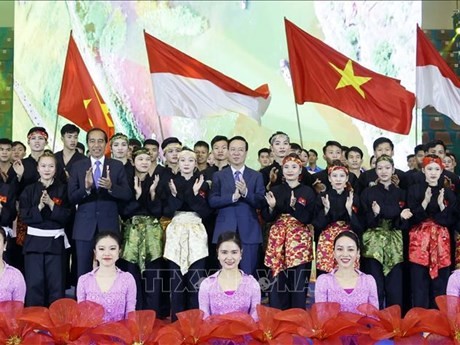 Los presidentes de Vietnam e Indonesia se toman foto con los artitas marciales. (Foto: VNA)