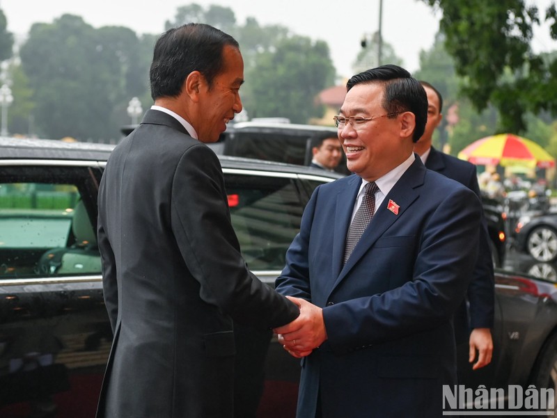 Dinh Hue da una calurosa bienvenida al presidente indonesio, Joko Widodo.