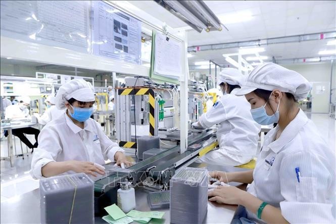 La producción de componentes electrónicos en la empresa Youngbag ViiNa en el parque industrial Binh Xuyen, provincia de Vinh Phuc. (Foto de ilustración: VNA)