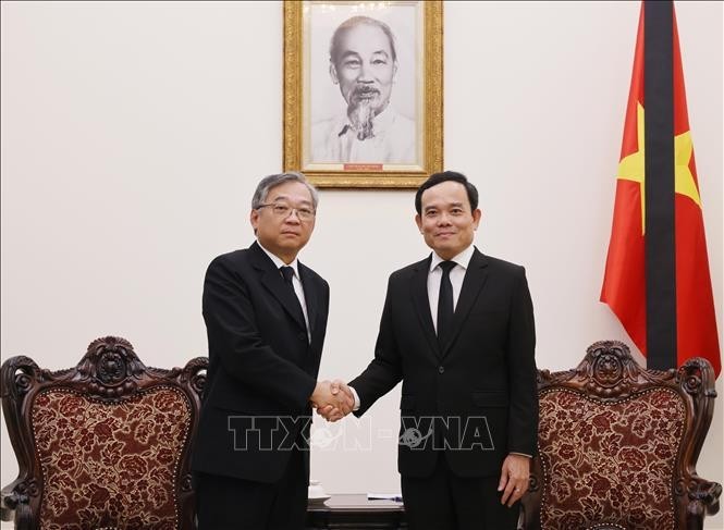 El viceprimer ministro vietnamita Tran Luu Quang recibe a su homólogo de Singapur, Gan Kim Yong. (Foto: VNA)