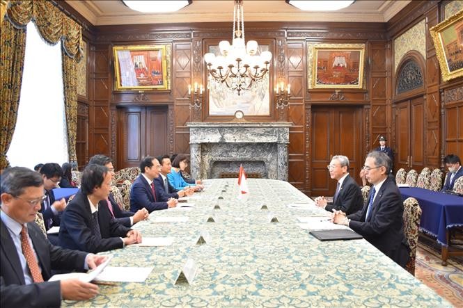 Panorama del encuentro entre el canciller vietnamita, Bui Thanh Son, y el vicepresidente del Senado de Japón Nagahama Hiroyuki. (Foto: VNA)