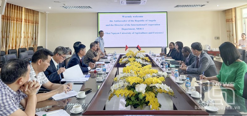 En el encuentro entre la Universidad de Agricultura y Silvicultura, adscrito a la Universidad de Thai Nguyen, y el embajador de Angola en Vietnam, Agostinho Fernandes. (Foto: baothainguyen.vn)