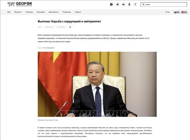 Artículo publicado en la revista del Centro de pronósticos geopolíticos de Rusia sobre la lucha anticorrupción en Vietnam. (Foto: VNA)