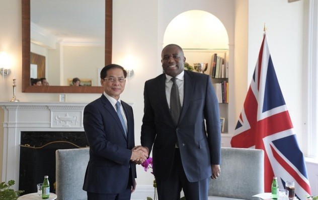 El viceprimer ministro y canciller de Vietnam, Bui Thanh Son y el secretario de Estado de Asuntos Exteriores, de Mancomunidad y de Desarrollo del Reino Unido, David Lammy. (Foto: baochinhphu.vn)