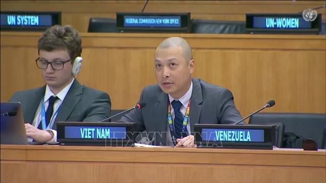 El ministro consejero Nguyen Hoang Nguyen, subjefe de la delegación permanente de Vietnam ante las Naciones Unidas, habla en el evento. (Foto: VNA)