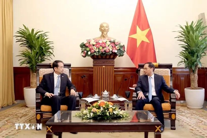 El viceprimer ministro y canciller de Vietnam, Bui Thanh Son, recibe al embajador chino en Hanói, He Wei. (Foto: VNA)