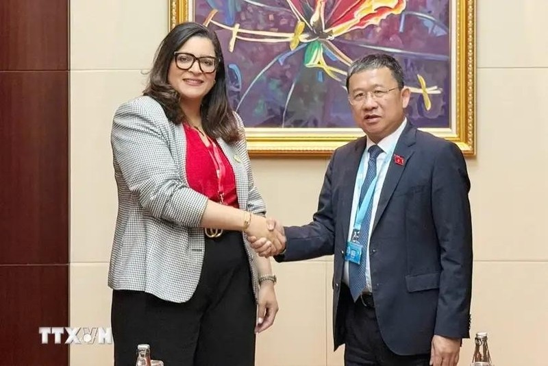 Vu Hai Ha, jefe de la Comisión de Relaciones Exteriores de la Asamblea Nacional de Vietnam, y Salma Benaziz, presidenta de la Comisión de Asuntos Exteriores, Defensa Nacional, Asuntos Islámicos y Marroquíes Residentes en el Extranjero de la Cámara de Representantes. (Foto: VNA)