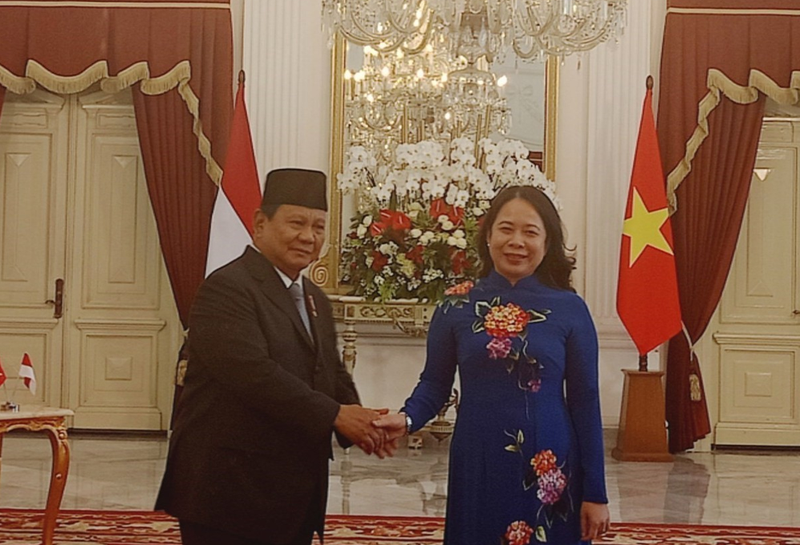 El recién juramentado presidente de Indonesia, Prabowo Subianto, y la vicepresidenta vietnamita, Vo Thi Anh Xuan. (Foto: VNA)