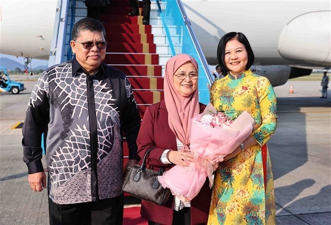 El presidente de la Cámara de Representantes de Malasia, Tan Sri Dato' Johari Bin Abdul, y su esposa, Puan Sri Datin Noraini Binti Mohd (primera y segunda persona desde la izquierda), llegaron a Hanói. (Foto: VNA)